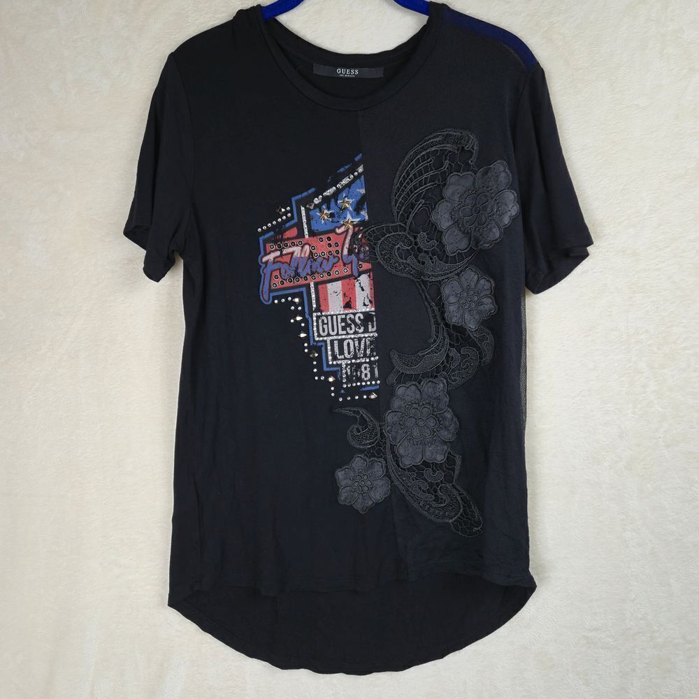 Guess Womens T-Shirt Size Small Sheer Embroidered Y2K 90s Biker Grunge‎ USA